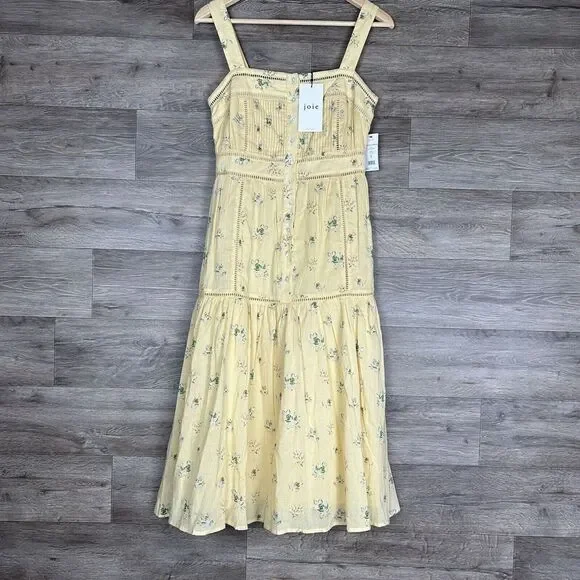 Joie Dress Sz 0 Yellow Floral Cotton Guaze Pintuck Button Front Cottagecore NWT - Picture 3 of 14